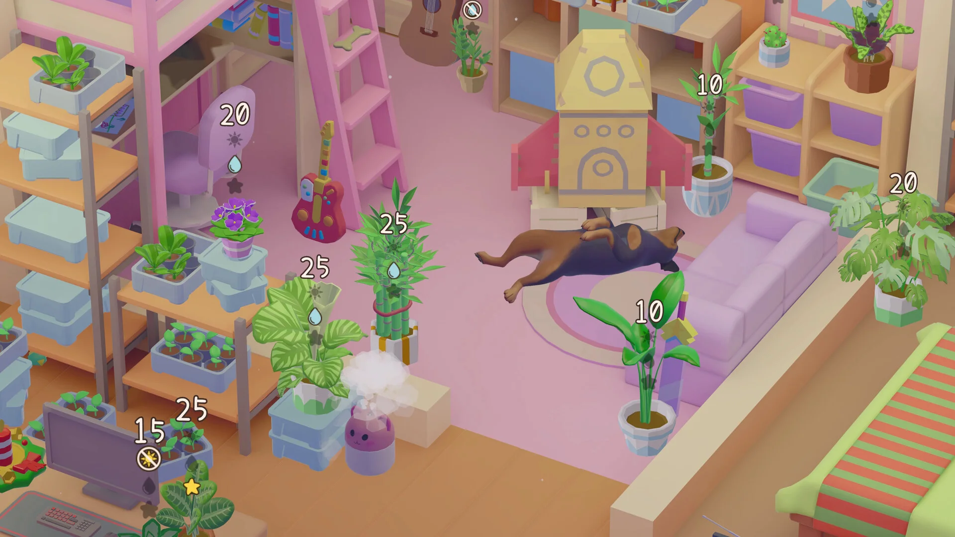 Pink bedroom with numbered plants, a humidifier puff and a dog asleep on a sofa