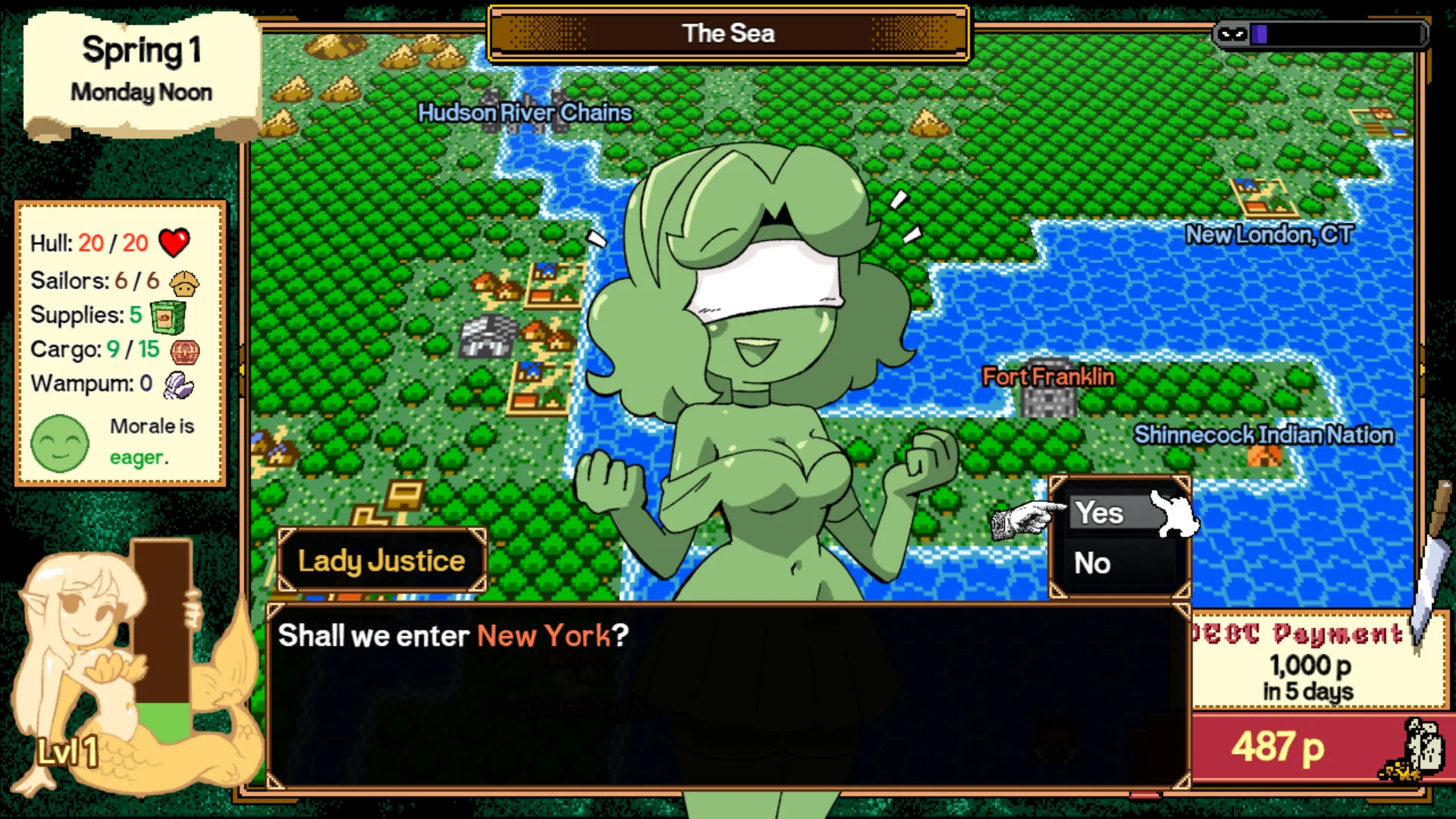 The Sea map: Lady Justice asks Shall we enter New York over Hudson River Chains and Fort Franklin