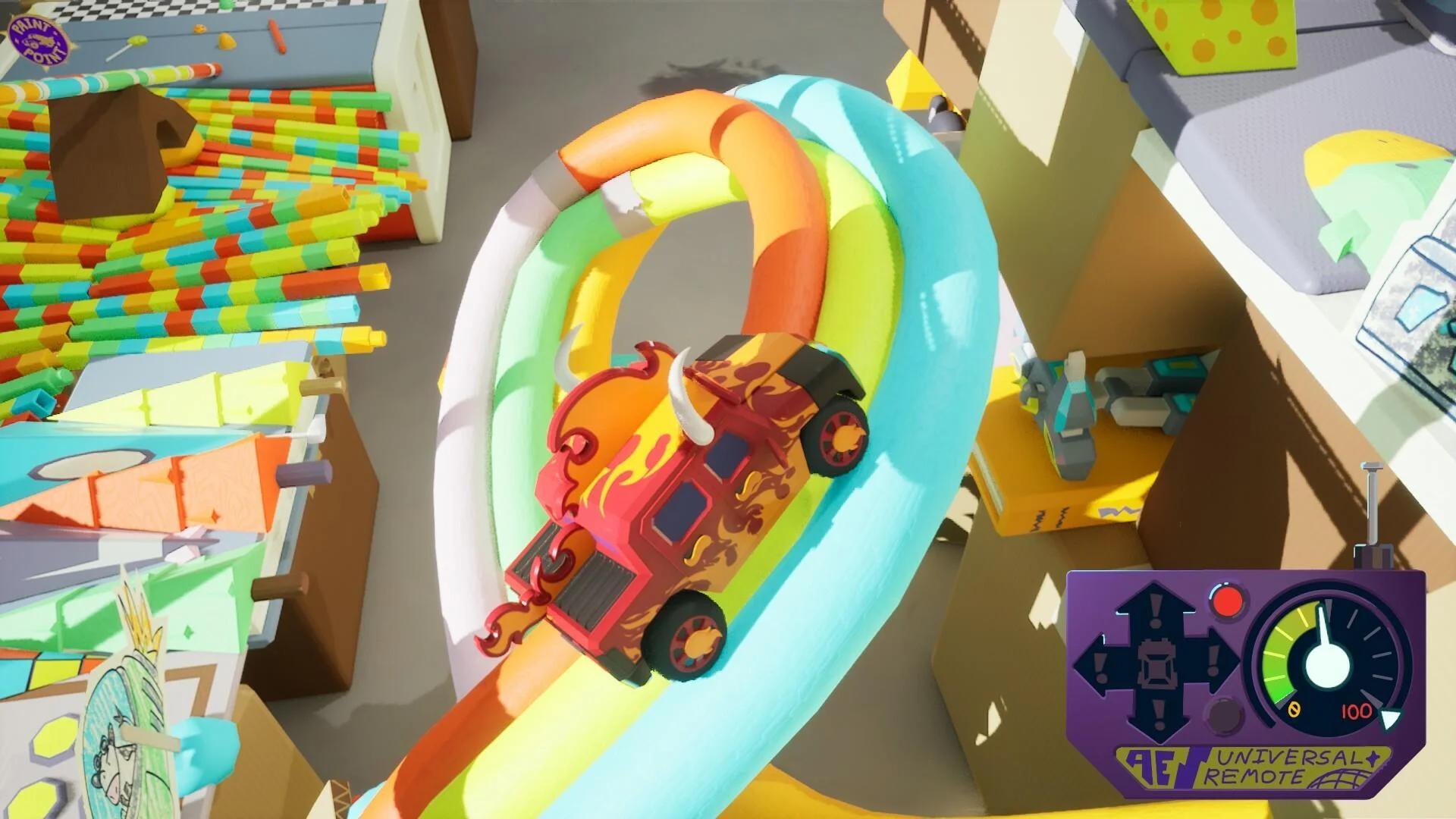 Horned flame pickup climbing a stacked orange, yellow and cyan loop beside colourful straws