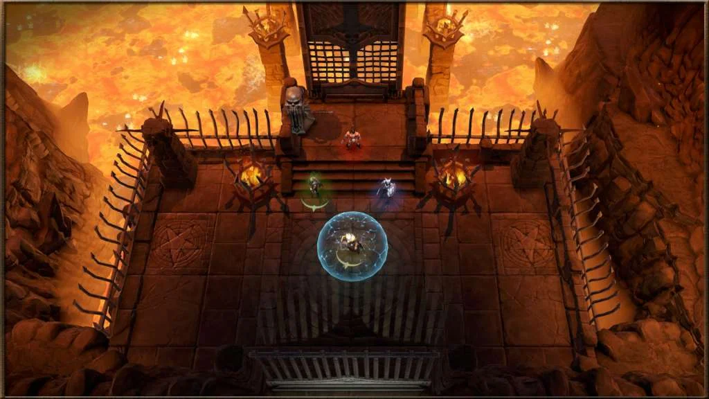 Stone courtyard over lava, skull gate at the top, four heroes on pentagram tiles, one sealed in a blue bubble