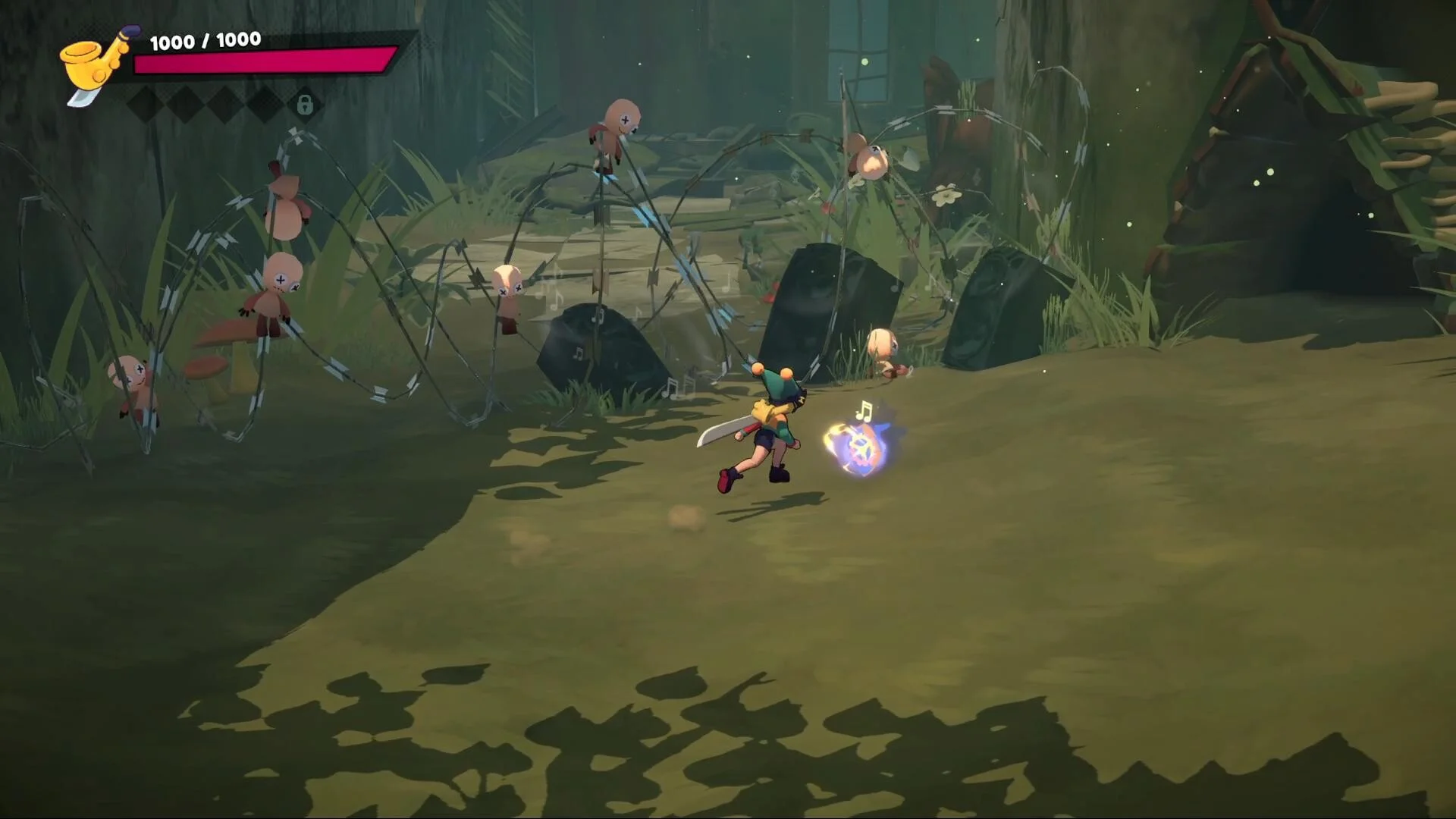 Forest path, girl in a green hat running with a glowing note in her hand, pale puppets on barbed wire, HUD 1000/1000