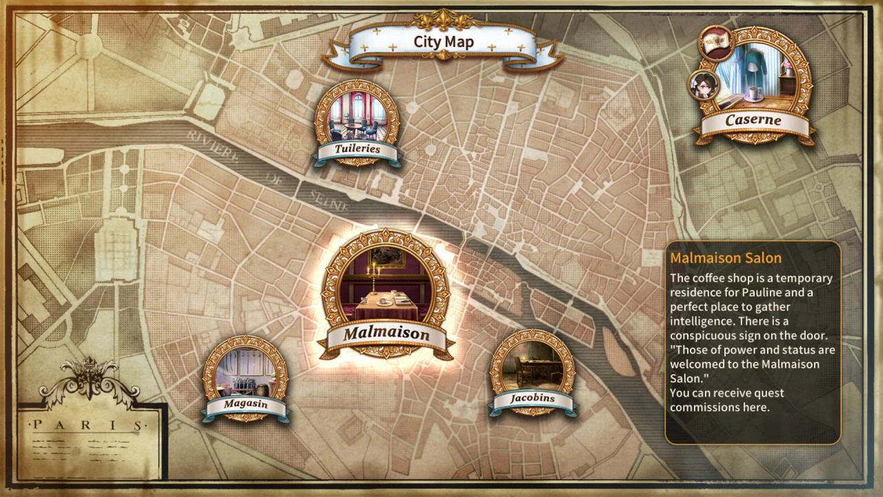 Mapa Paryża CityMap, etykiety Tuileries Caserne Malmaison Magasin Jacobin, notatka salonu o Pauline po prawej