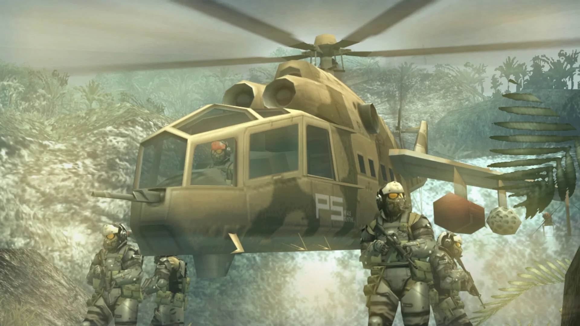 Tan P5 helicopter over jungle water with four soldiers in helmets and rifles in the foreground