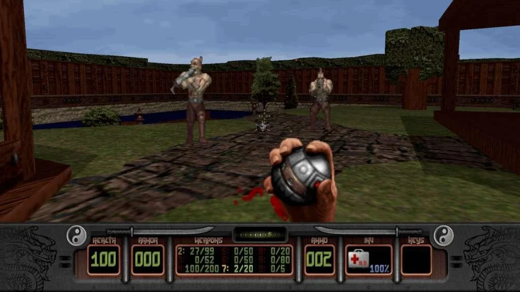 First-person view holding a dark round weapon in a dungeon room.