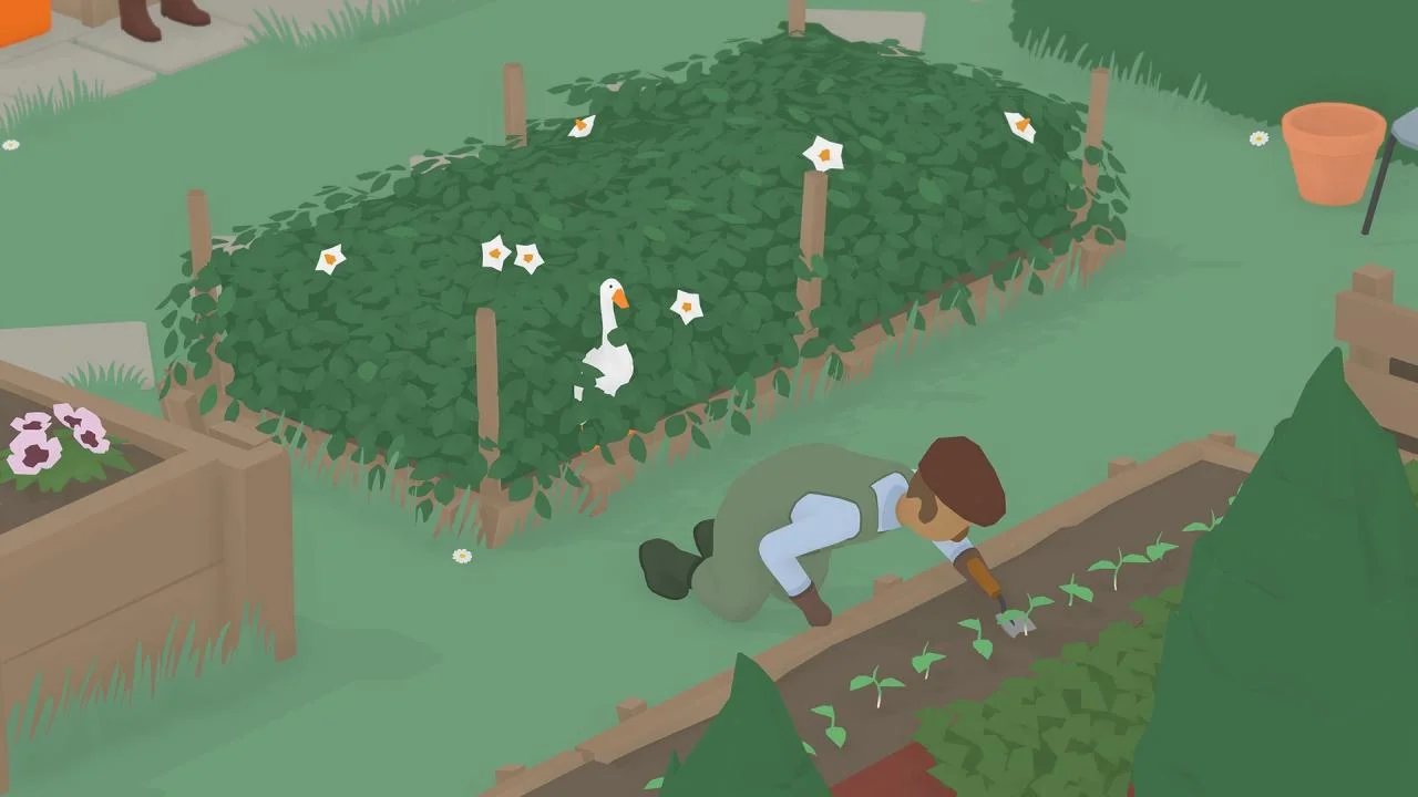 The goose stands by a hedge while a gardener tends raised beds and chickens.