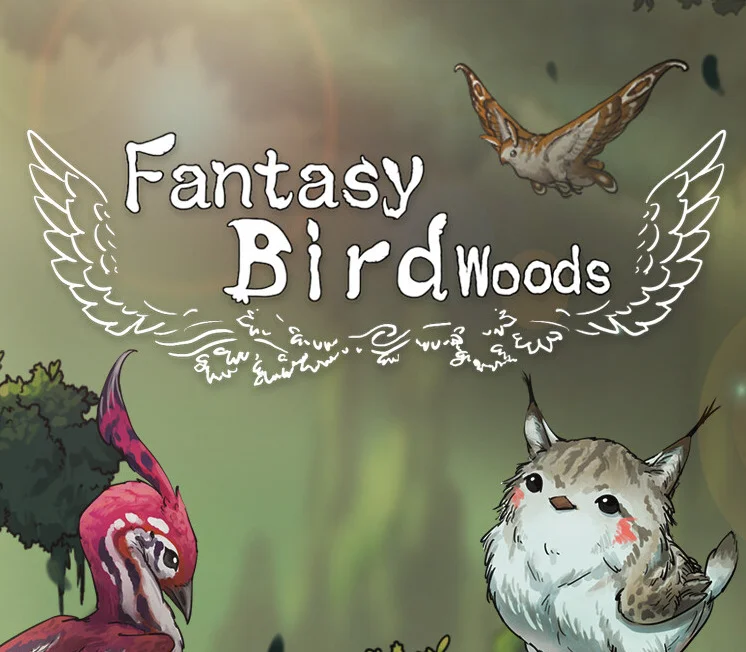 Cover: winged Fantasy Bird Woods title, moth-owl, magenta crest left, lynx-eared fluff right