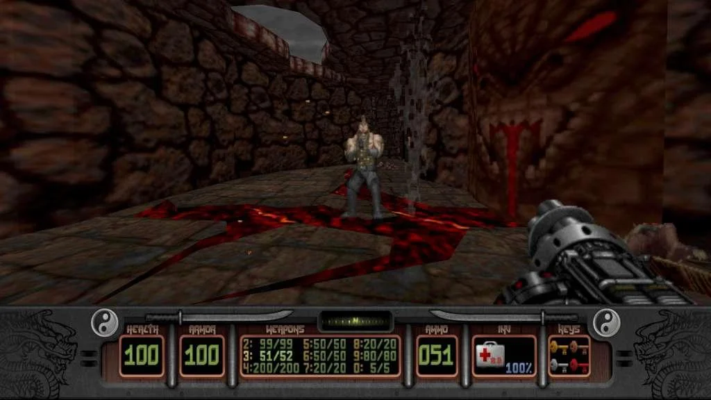 First-person view of a weapon in a stone room facing a statue.