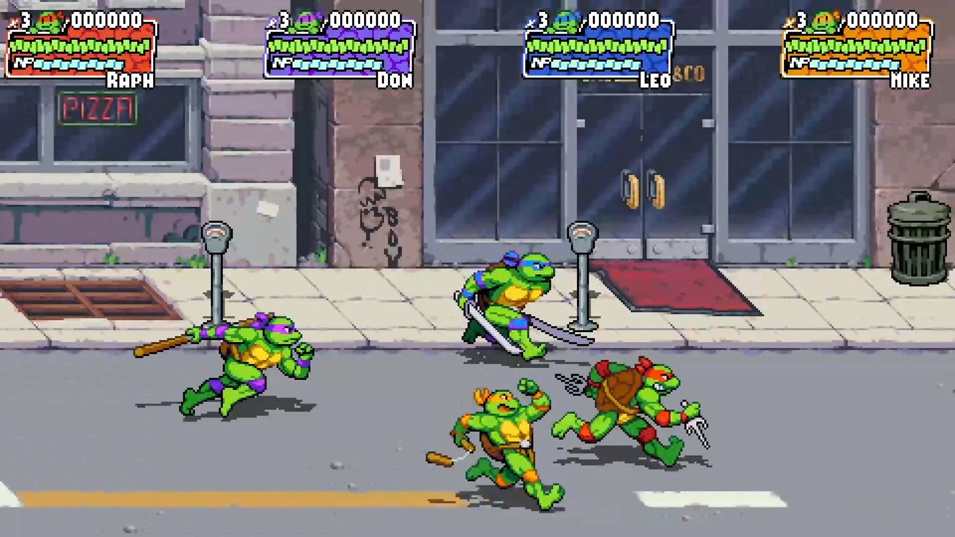 Raphael, Donatello, Leonardo and Michelangelo run a city street past a neon PIZZA sign with four HUD bars above