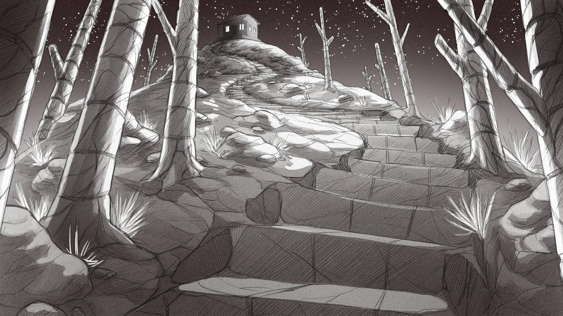 Stone steps through pale birch trunks toward a tiny cabin on a rocky hill under stars