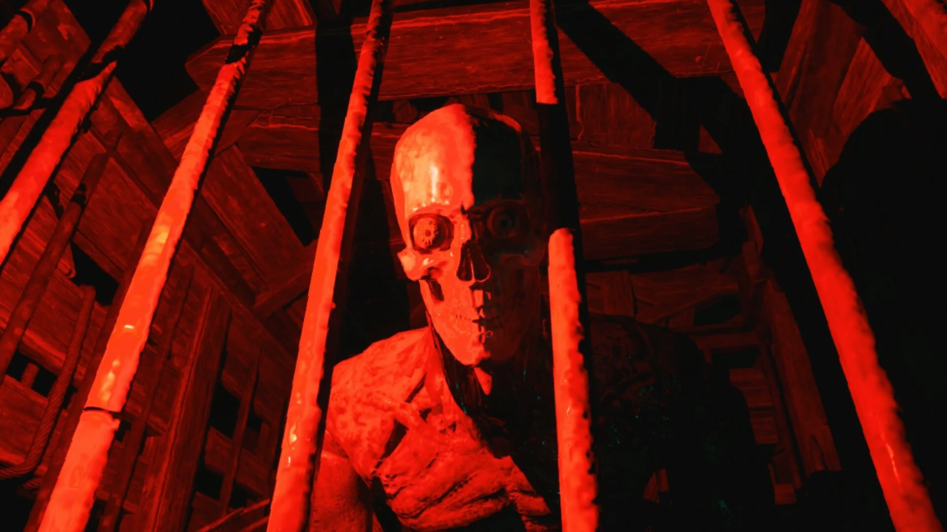 Skull-faced yokai behind wooden bars in deep red light