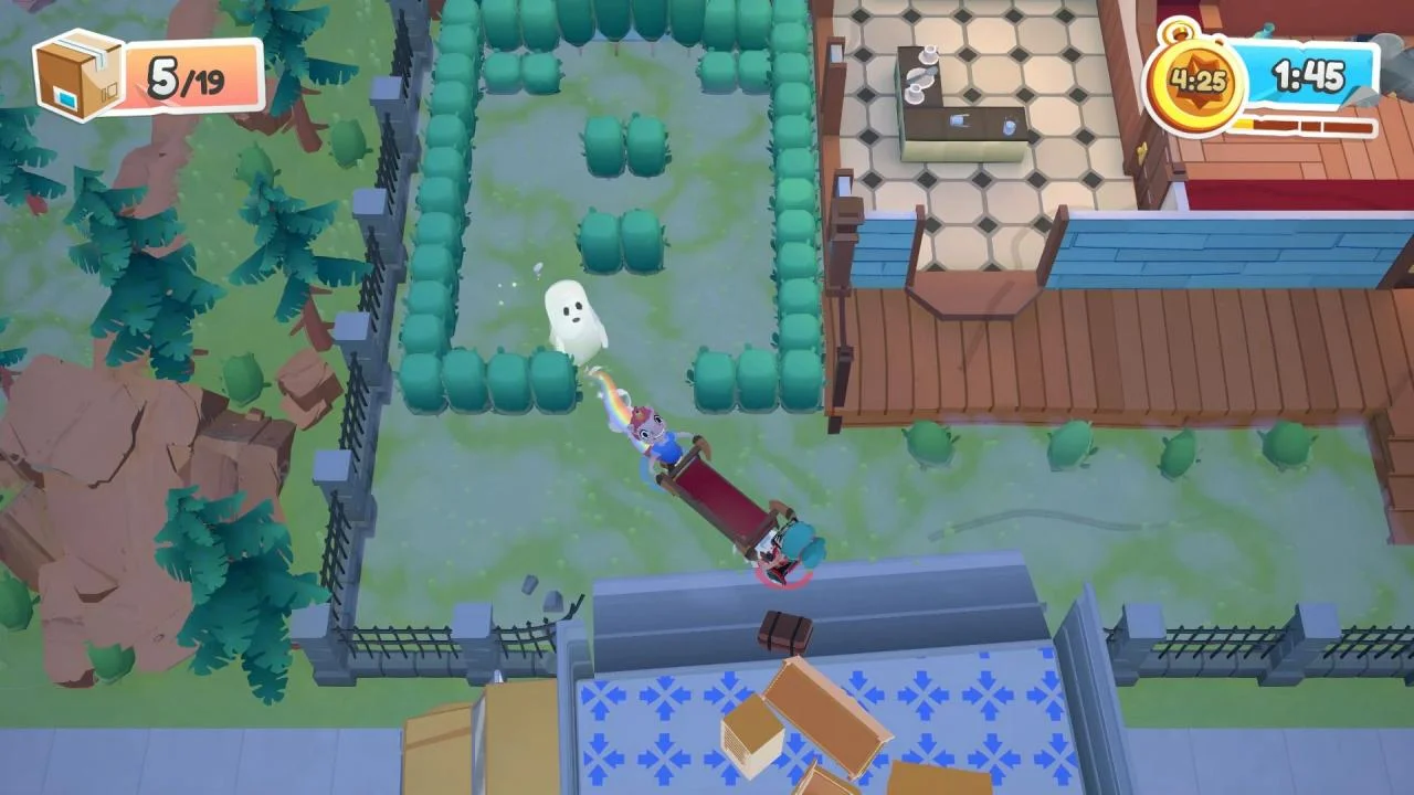 Overhead view of a character carrying a box past a pool.
