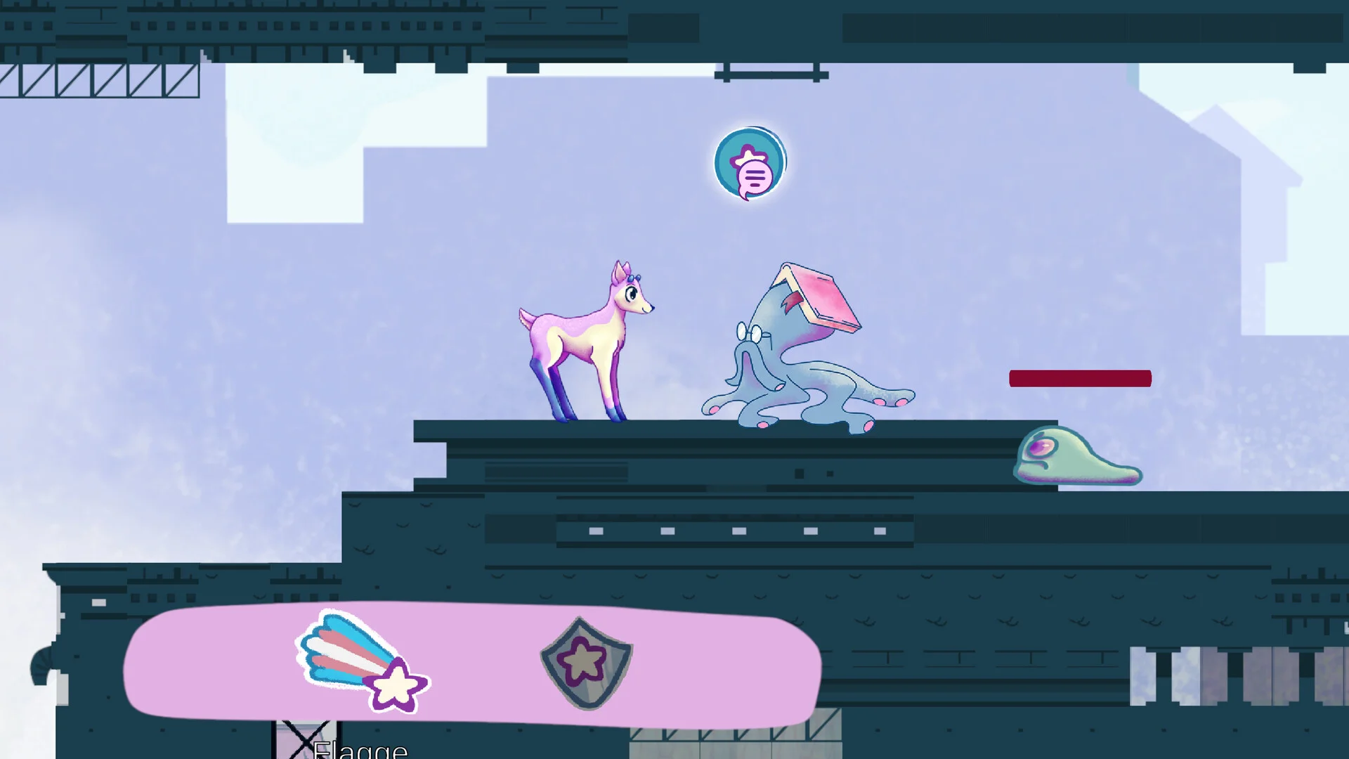 TransGenDeer meets the quizmaster octopus on a platform