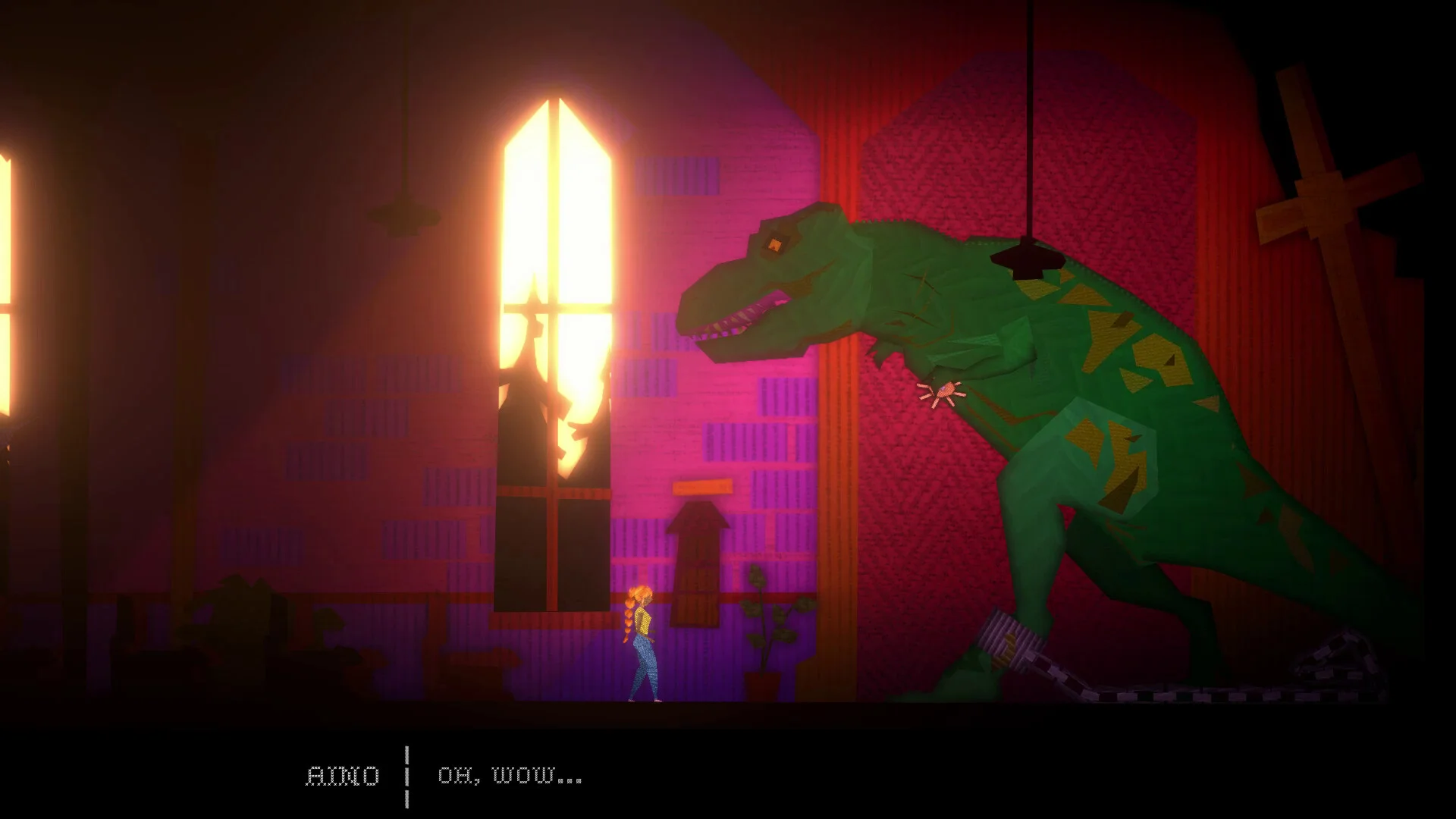 Small red-haired woman facing a chained green dinosaur in a magenta room with a bright window