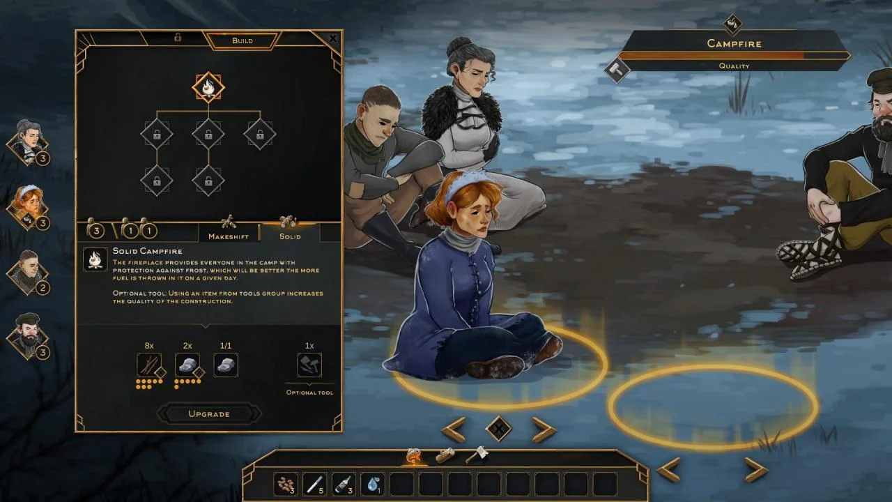 Build menu for Solid Campfire beside survivors sitting in gold campfire circles