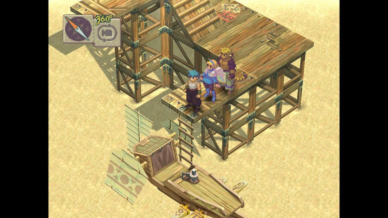 Characters on a wooden dock beside a boat