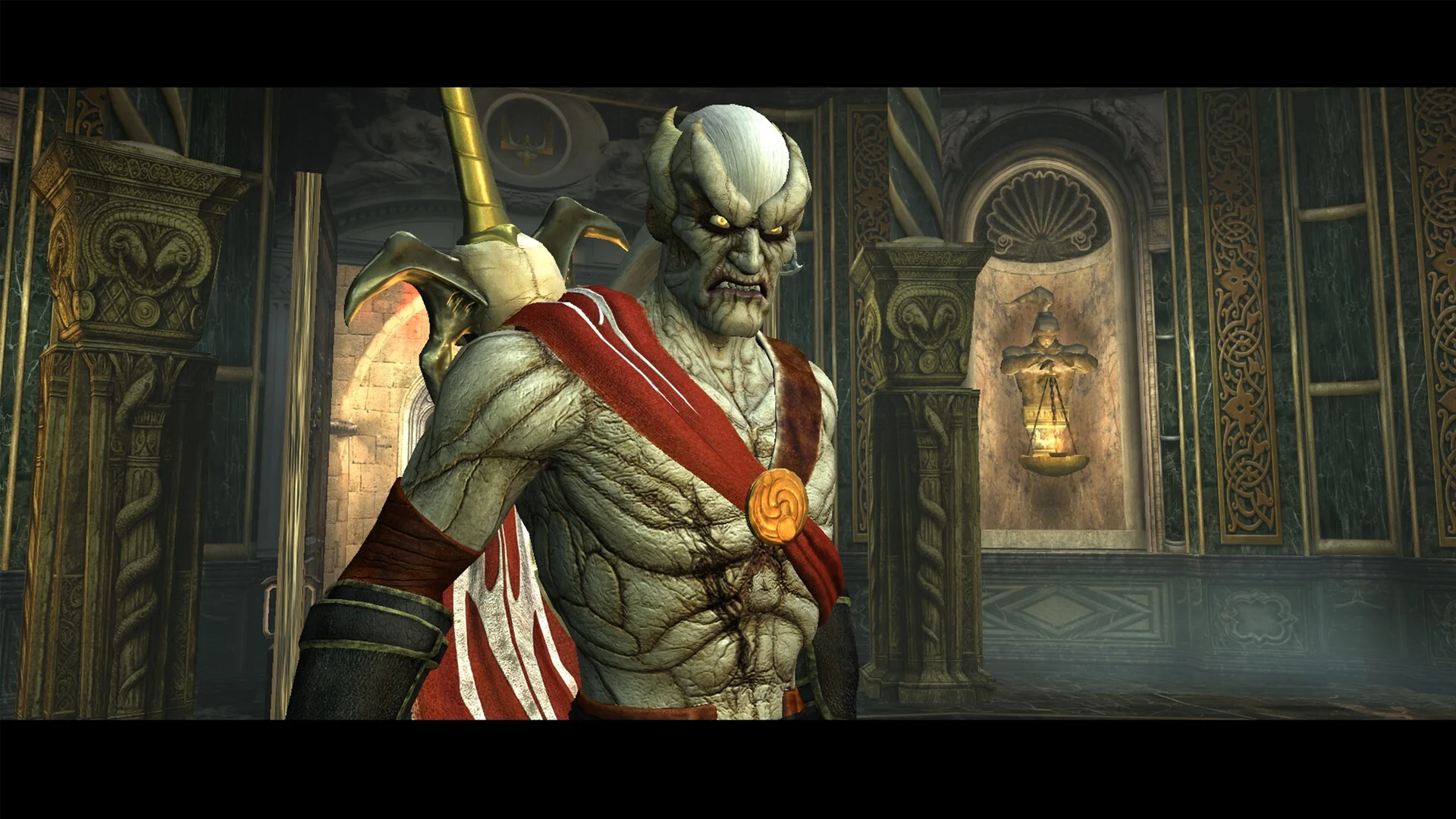 Close portrait of a pale yellow-eyed warrior in a red sash with a sword on his shoulder inside a carved lantern hall