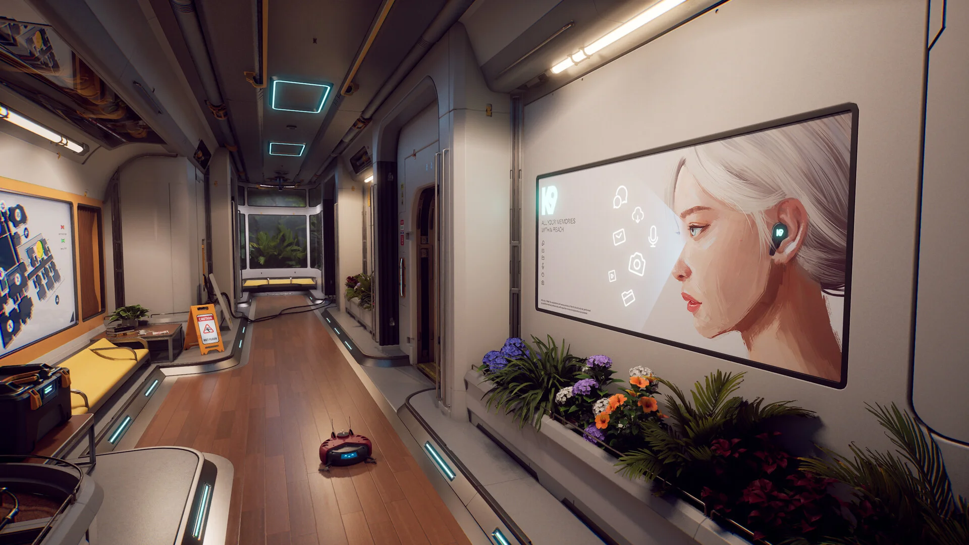Station corridor with a K9 wall ad, flower beds, wet-floor sign and a small red floor robot