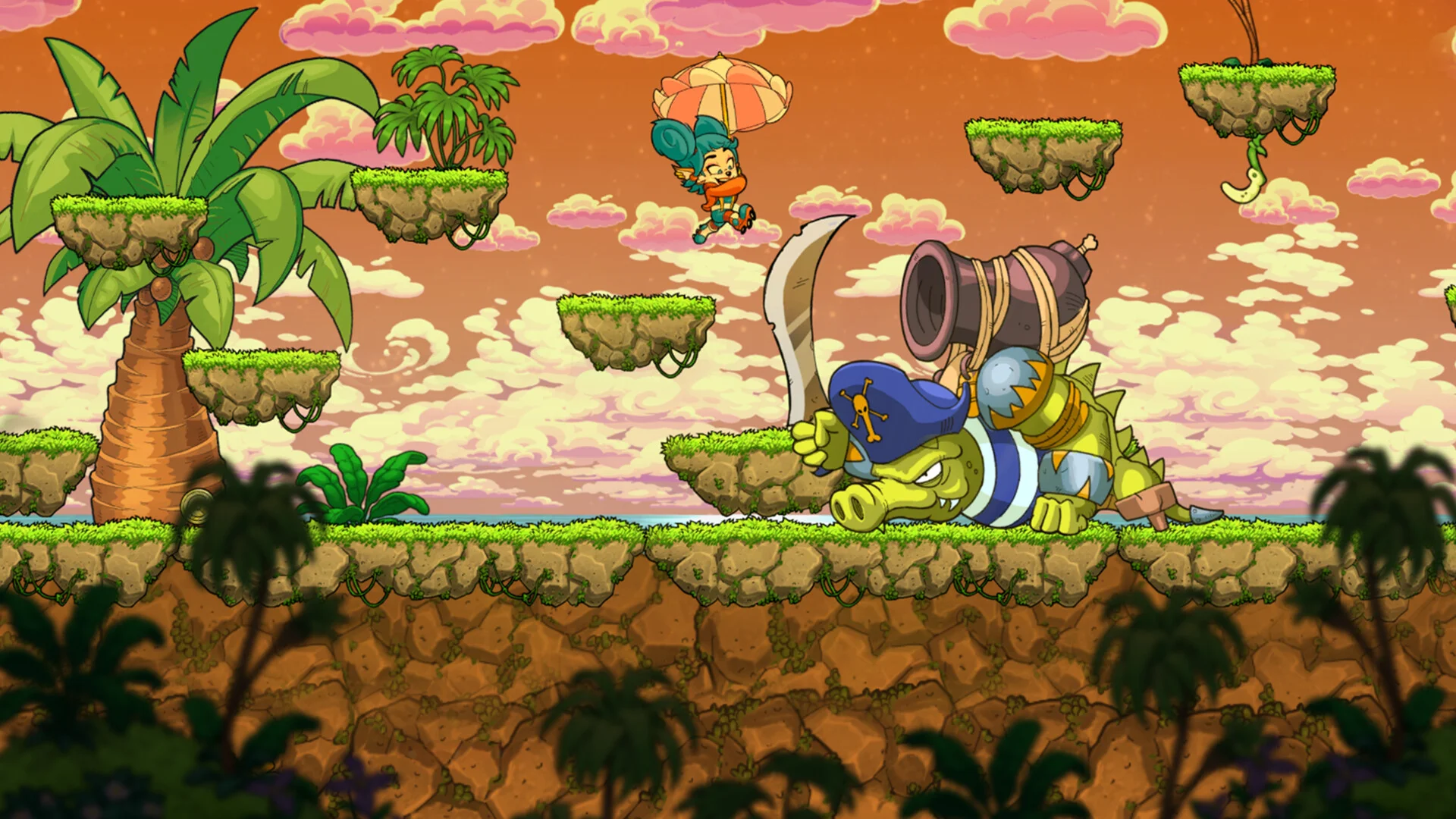 Fantasy Network umbrella combat in a cartoon biome