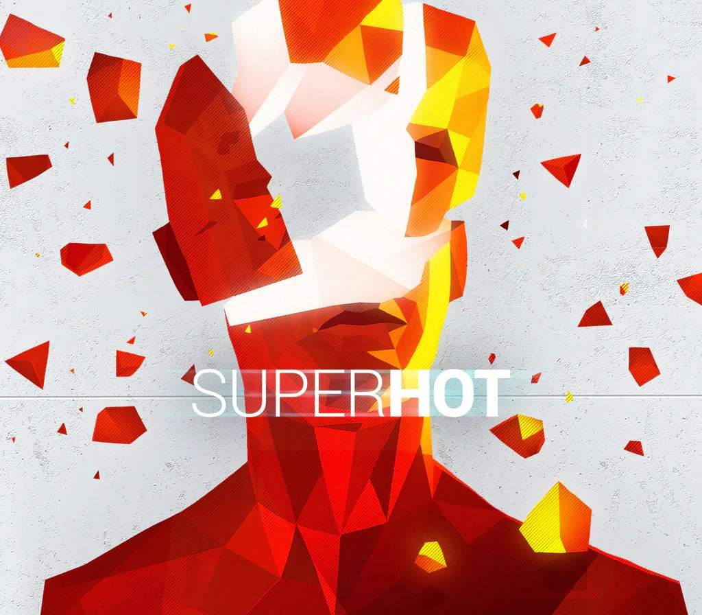 SUPERHOT cover: faceted red figure breaking apart, SUPERHOT title on a pale wall