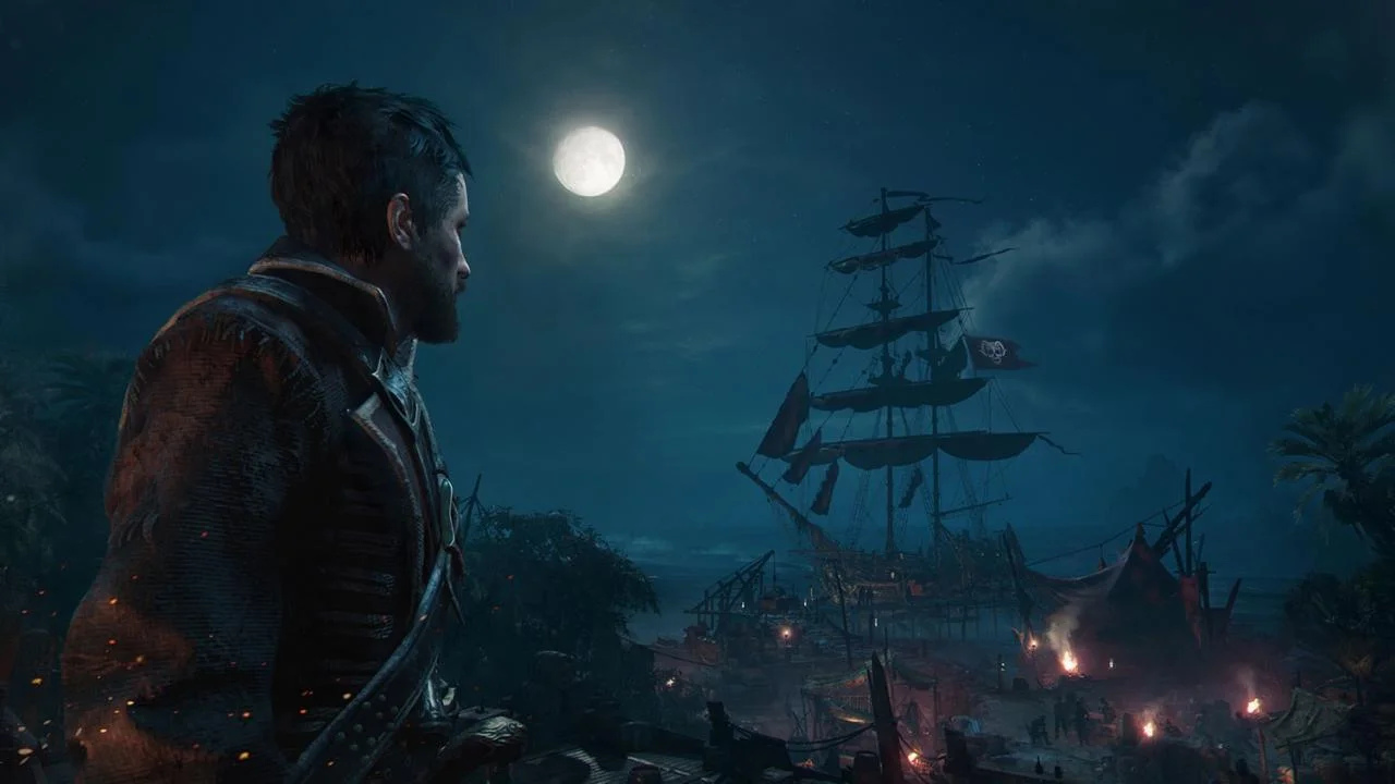 A captain seen from behind, looking at a tall ship under the moon.
