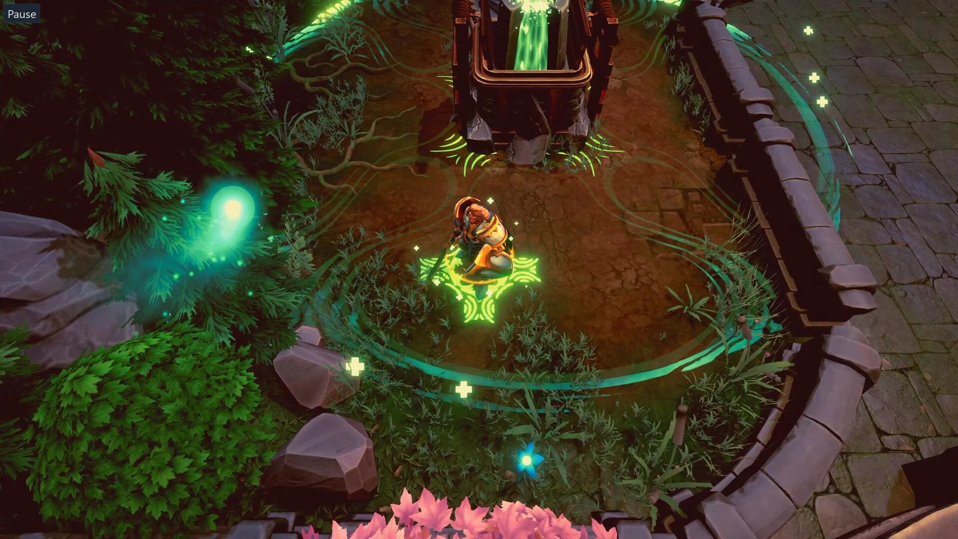 Top-down hero kneeling in a green magic circle on dirt beside a glowing shrine among trees