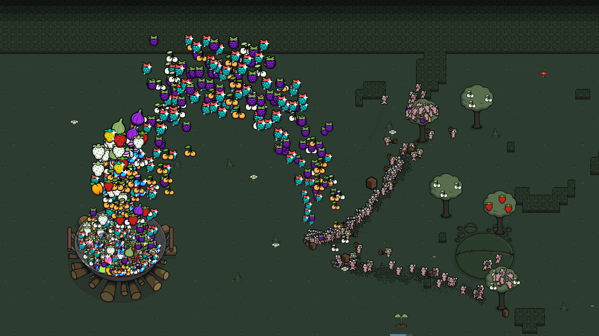 Arc of berries pouring into a wooden wok, pink creatures marching from fruit trees