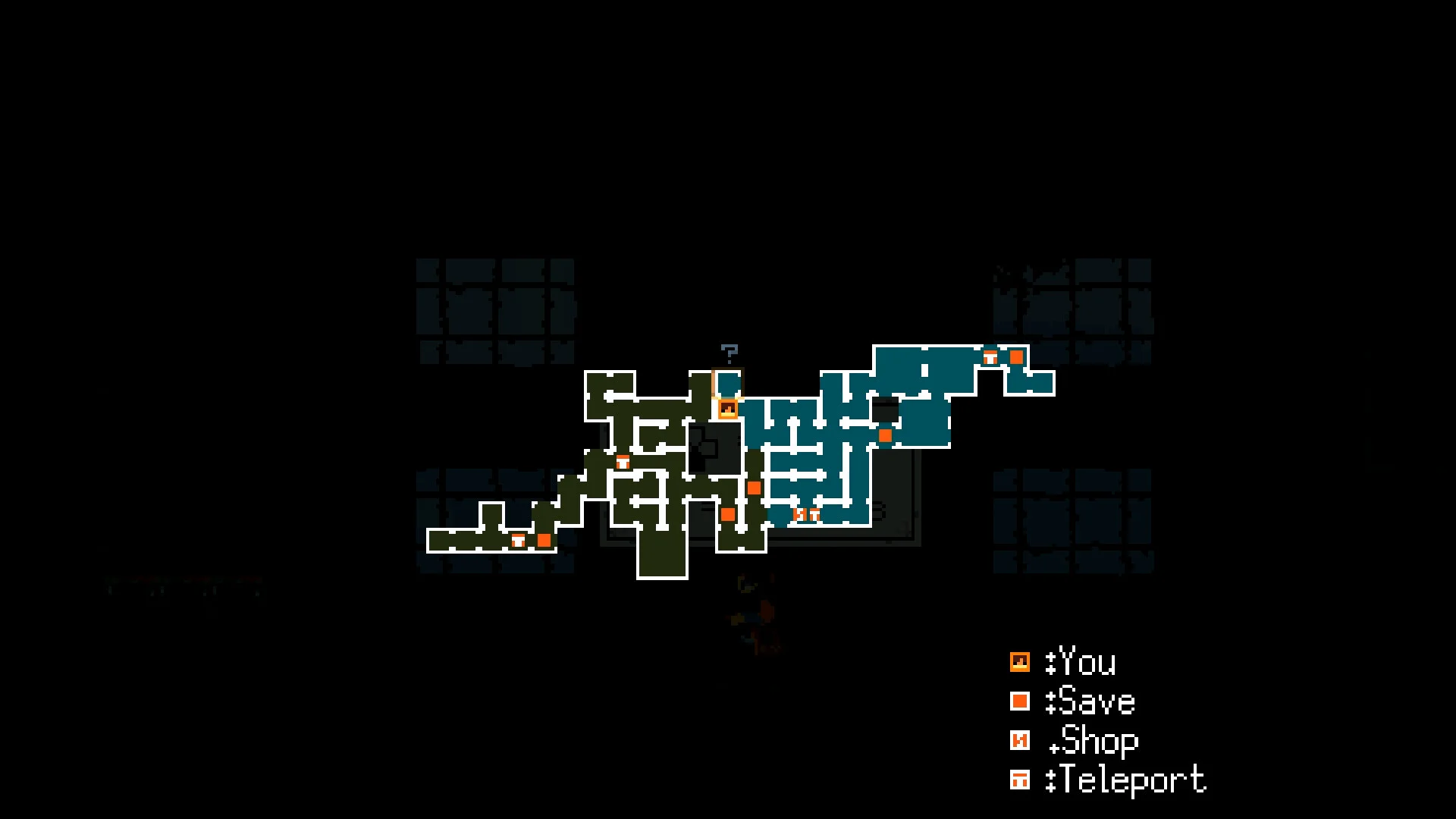Dark map of teal and olive rooms on black, legend You Save Shop Teleport with orange markers