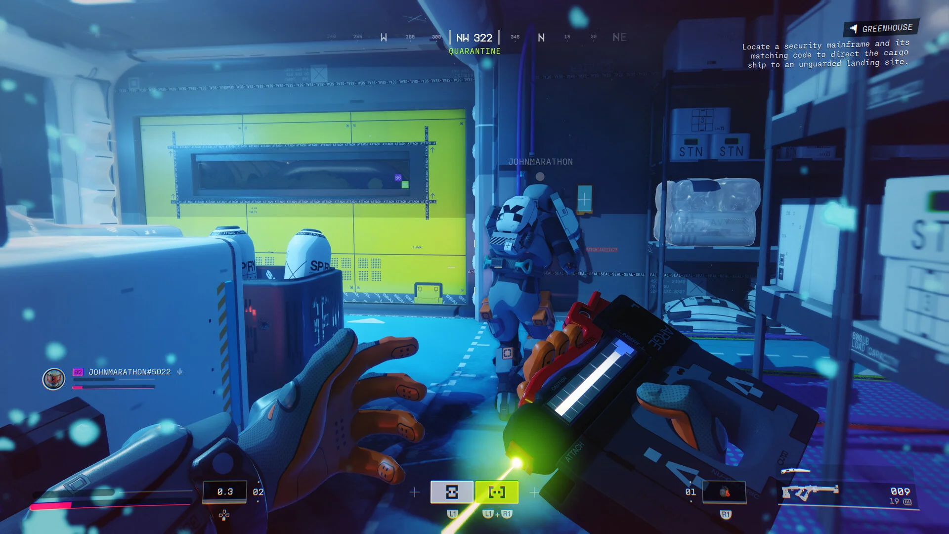 First-person view in a blue quarantine bay, a gloved hand on a device with a green beam, a runner by a yellow door