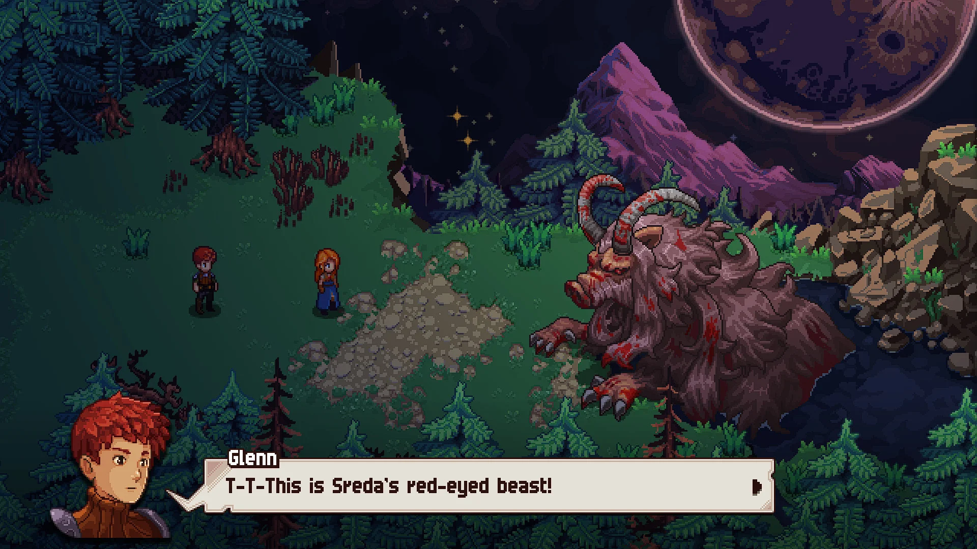 Glenn and an orange-haired woman on grass facing a bloodied horned beast under a cratered moon, caption T-T-This is Sreda’s red-eyed beast