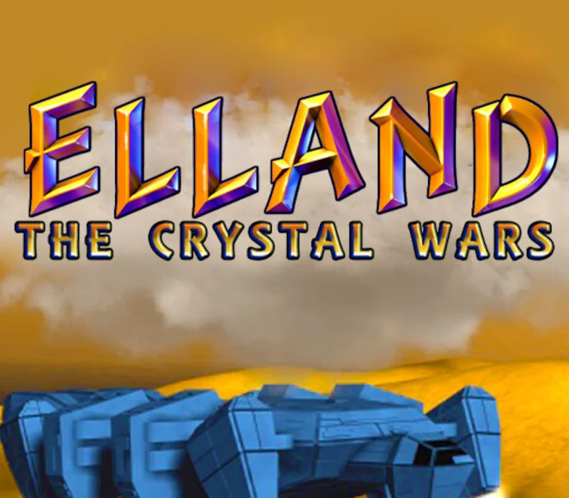 Elland The Crystal Wars gold 3D logo over yellow dunes, blue voxel fighter at the bottom