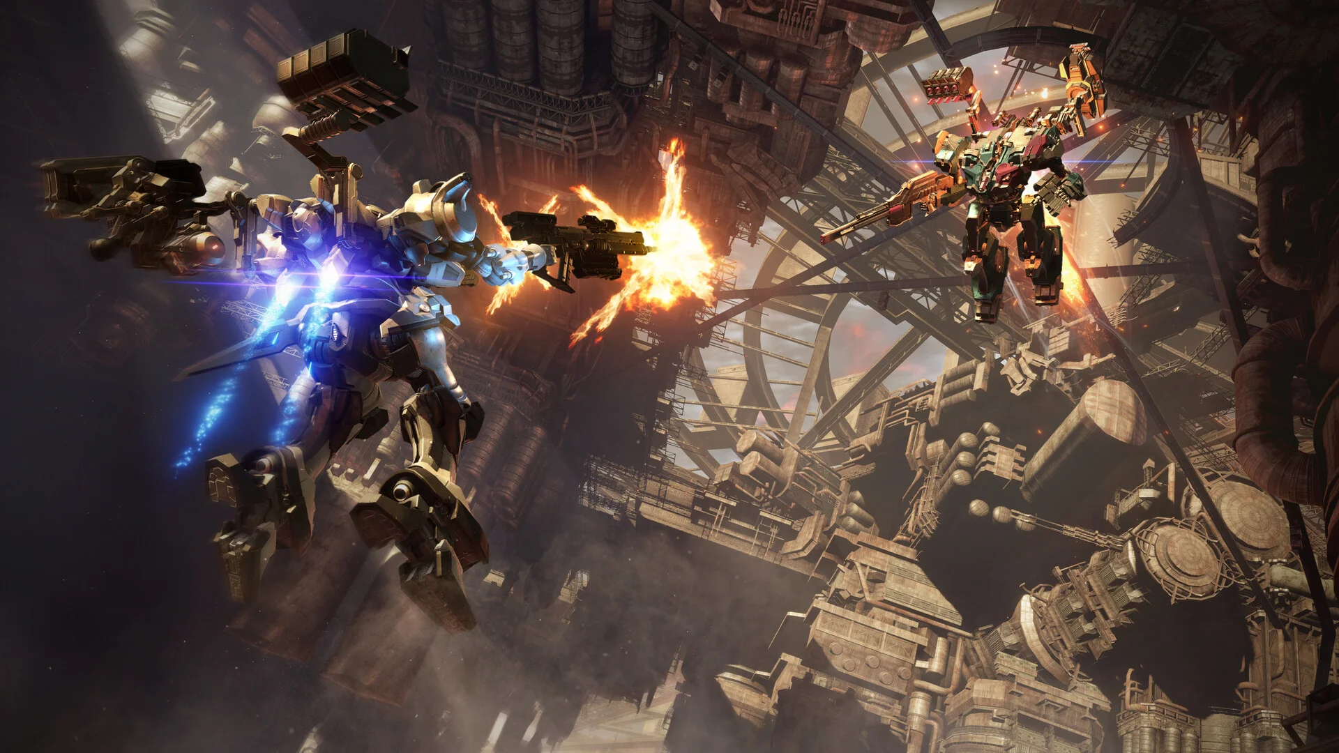 Two mechs fire at each other inside a vast circular industrial shaft