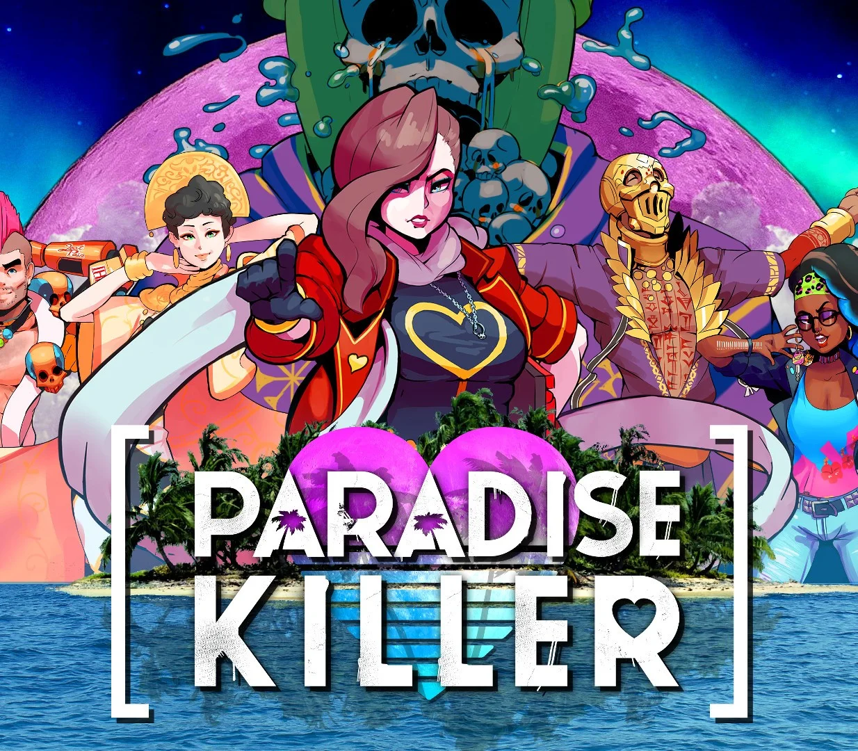 Paradise Killer cover, brown-haired woman in a red heart coat pointing, gold skeleton, ape and island crew, [PARADISE KILLER] over a heart island