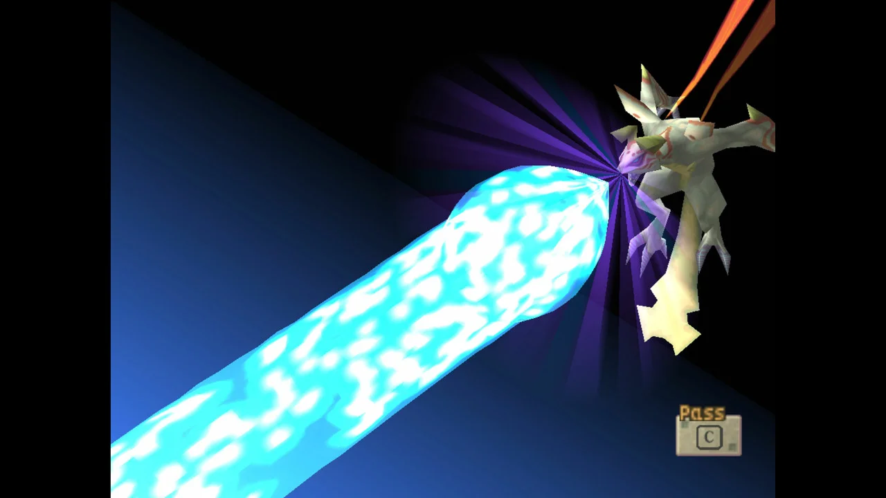 A white dragon breathes a blue beam