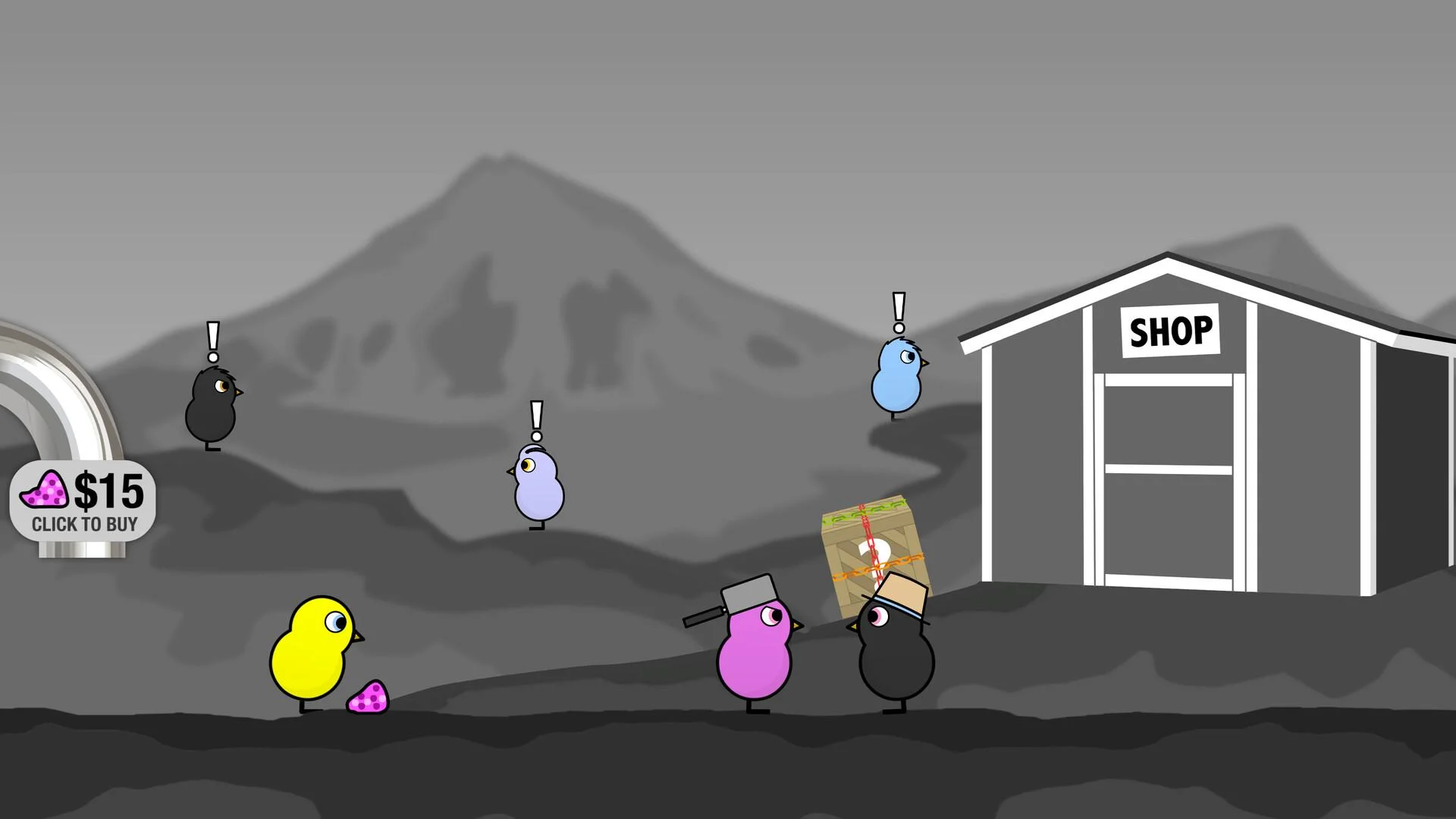Grey rocky ground with a shop and ducks carrying a crate and a pan