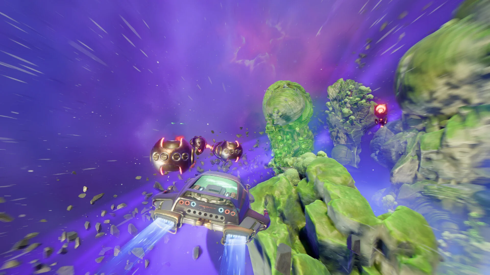 A talking car with blue thrusters flies past green floating islands and spiked orbs in purple space