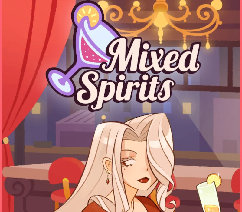 White-haired bartender holds a citrus drink beneath the Mixed Spirits logo