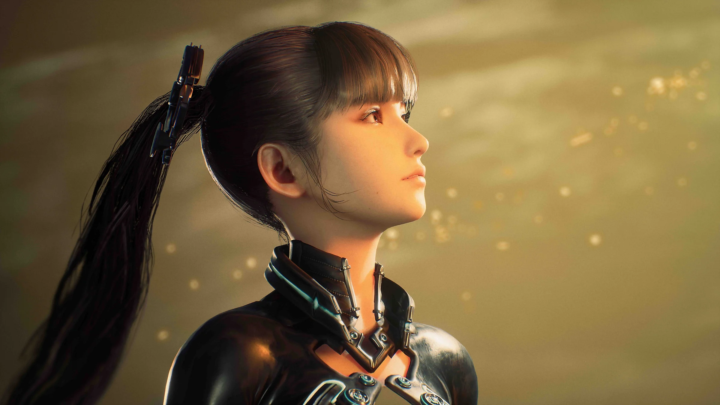 Side portrait of Eve in a black combat suit looking right against a gold haze