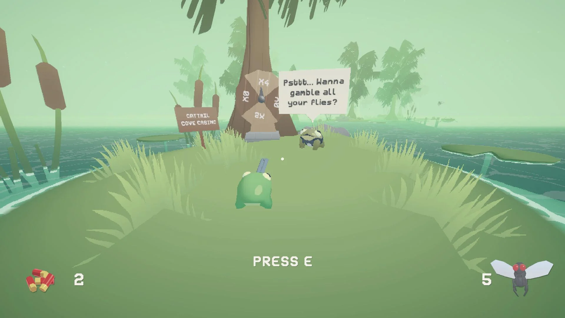Cattail Cove Casino: frog at PRESS E, badger asks Psttt Wanna gamble all your flies