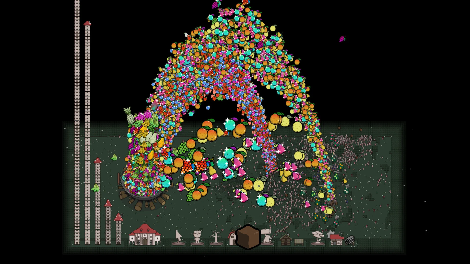 Huge fruit fountain over a wok, mushroom towers, house icons along the bottom bar