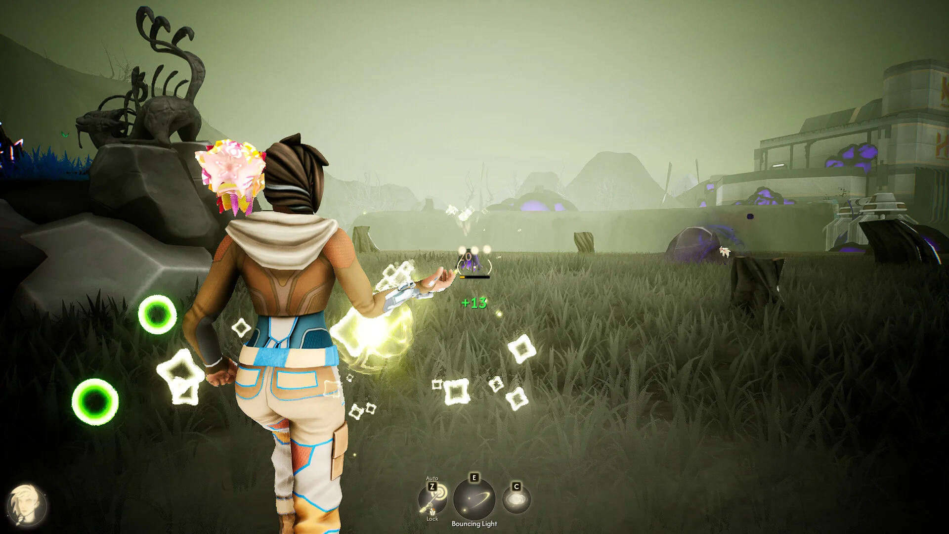 Alex running as glowing flowers and colour spread across a dark field