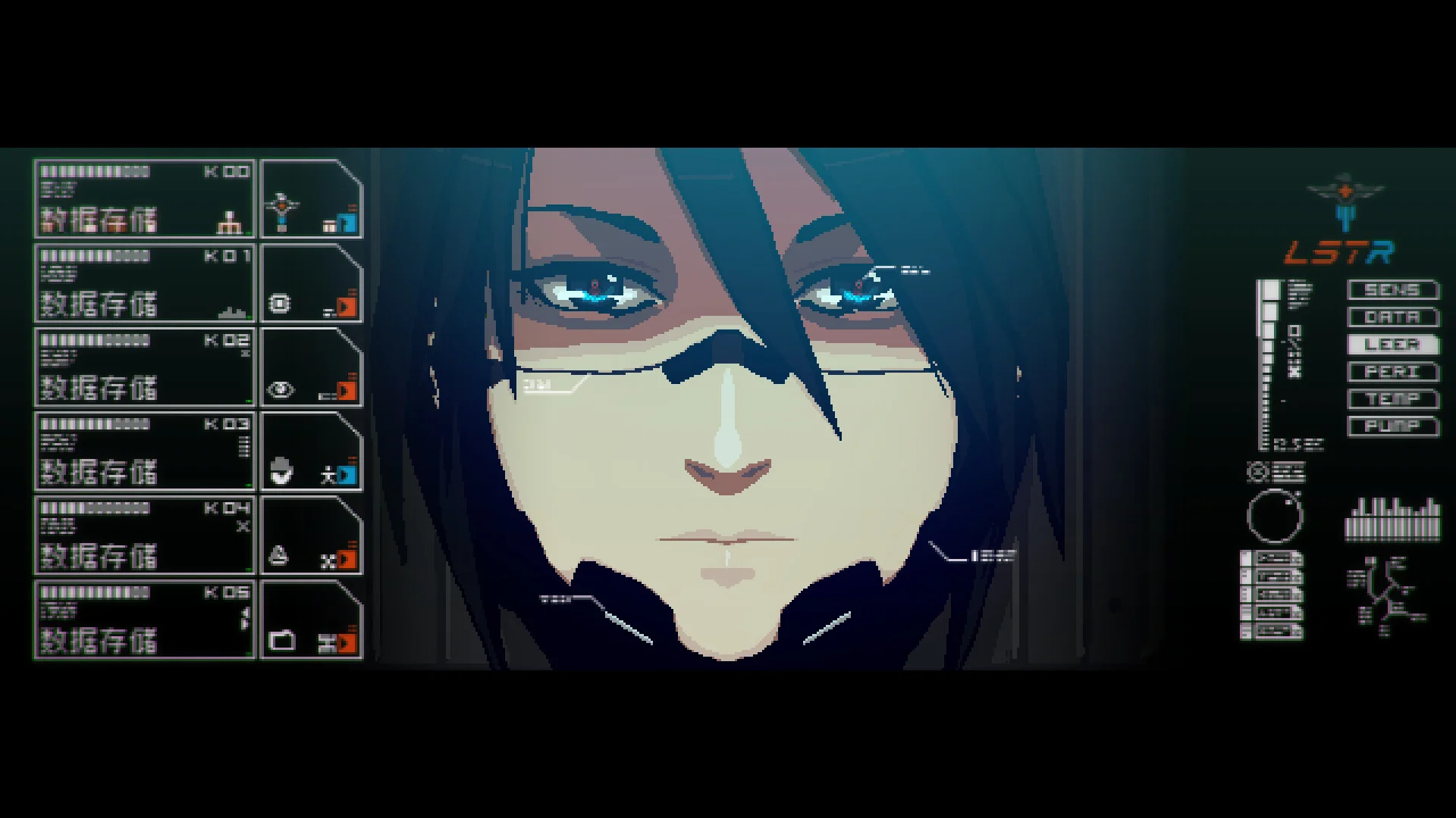 Close-up of Elster with glasses and an LSTR diagnostic overlay of sensors and temperature