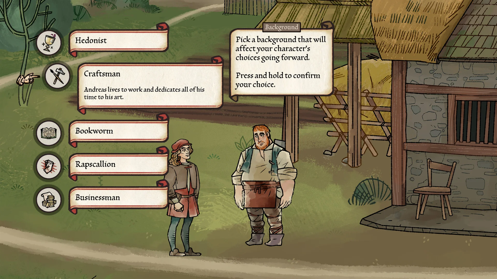Pentiment screenshot of Tassing streets in woodcut style