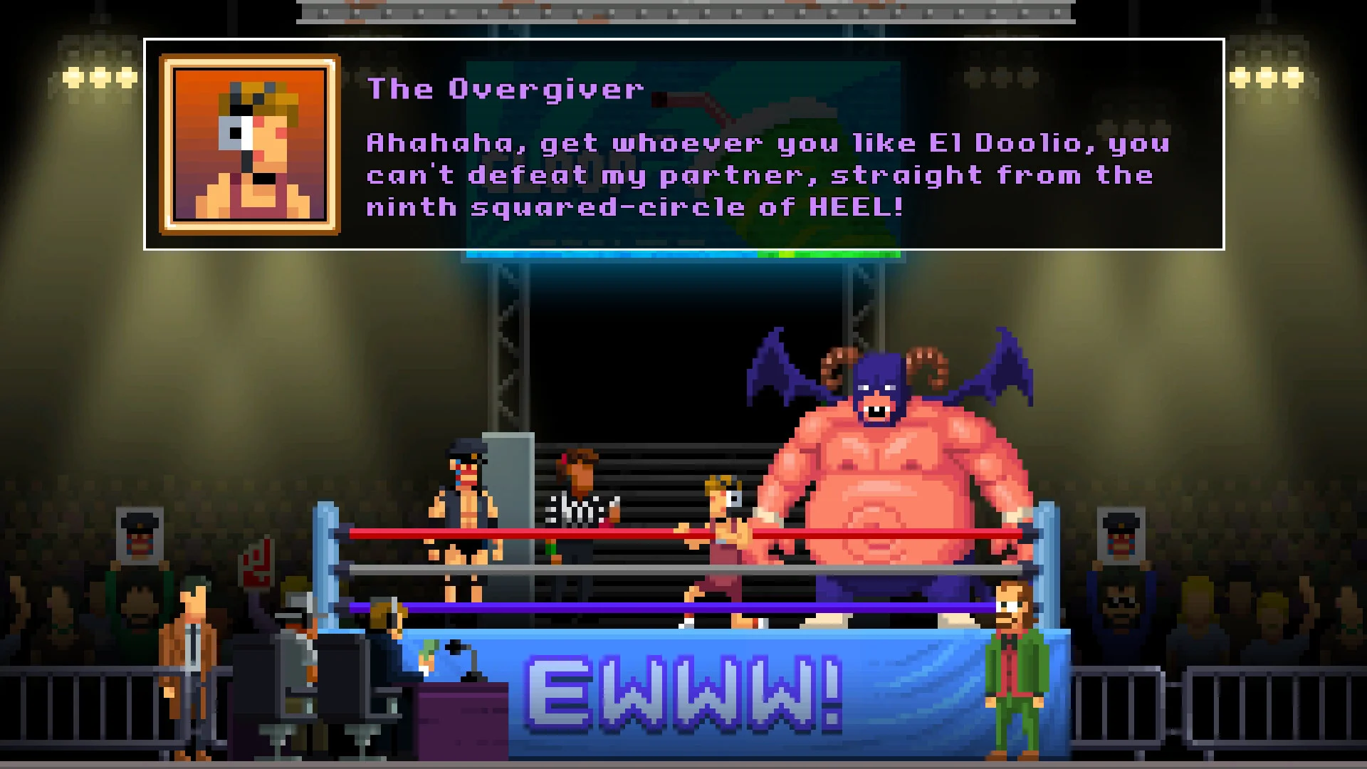 Ring z napisem EWWW, rogaty wrestler, dymek The Overgiver, sędzia, płaszcz przy stoliku