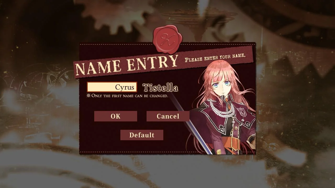 Ekran NAME ENTRY, imię Cyrus nazwisko Tistella, tylko imię można zmienić, bohaterka z mieczem