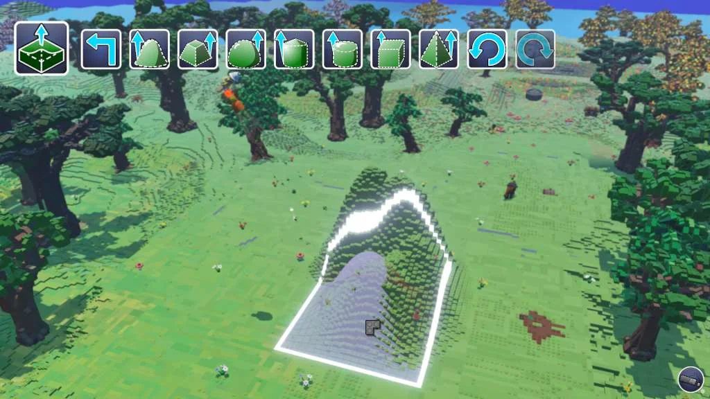 Green brick hillside with a white selection outline and a row of landscaping tool icons above a forest of brick trees