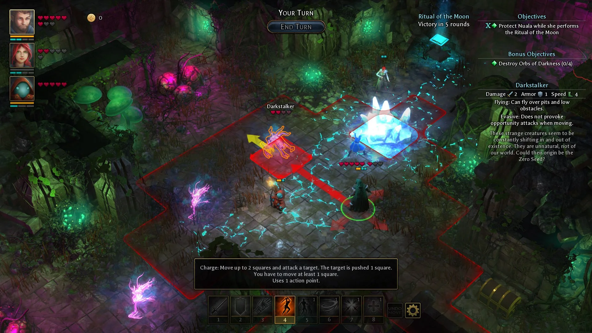 Purple and blue spell effects on a dark grid