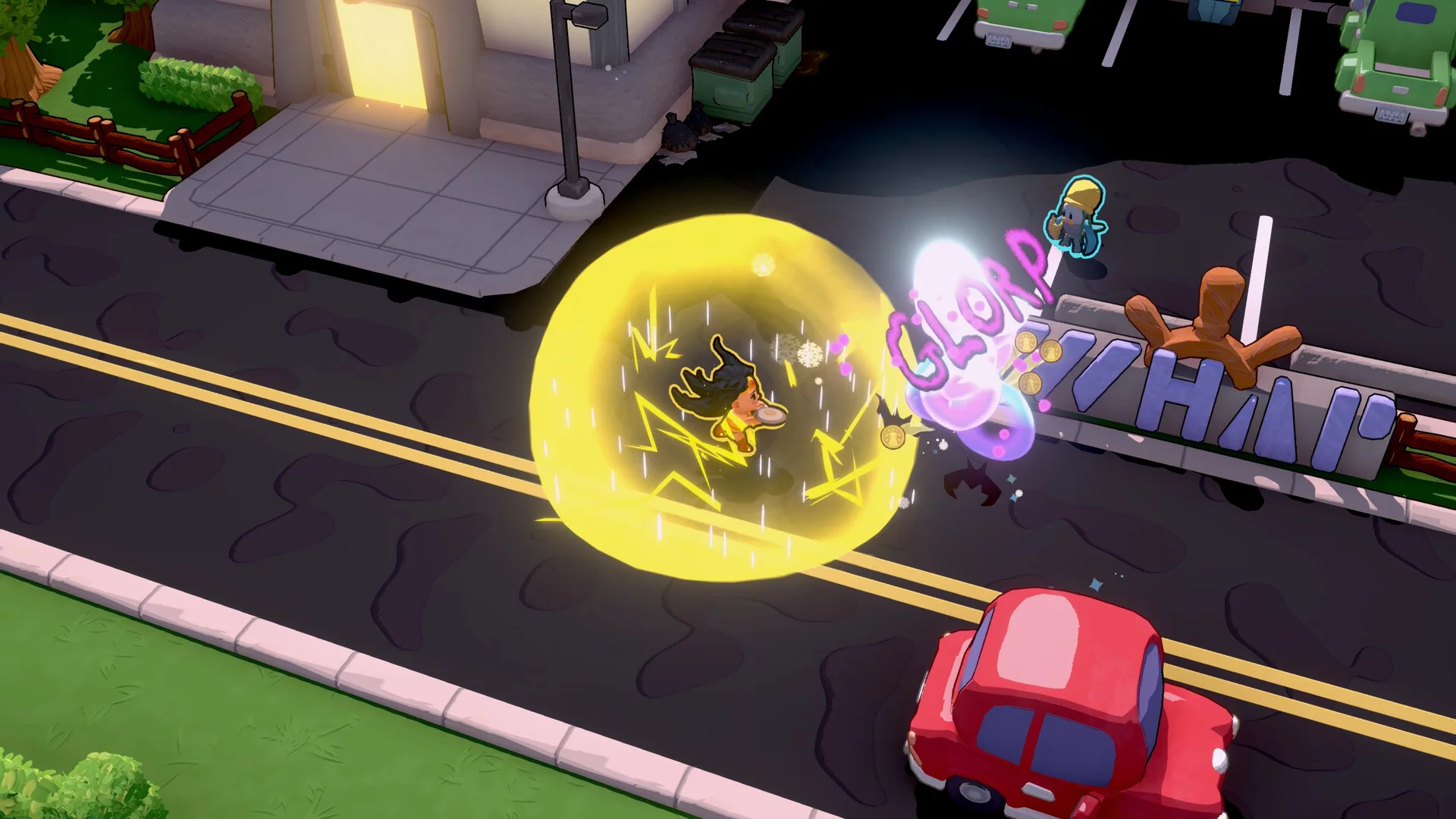 Hero trapped in a yellow energy bubble on a suburban street