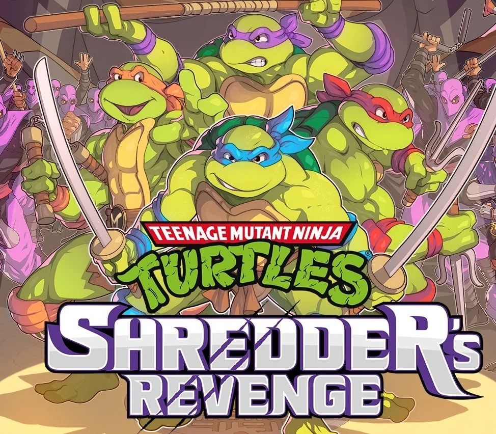 Donatello, Michelangelo, Leonardo and Raphael leap over the Shredder’s Revenge logo while Foot Clan soldiers crowd behind them