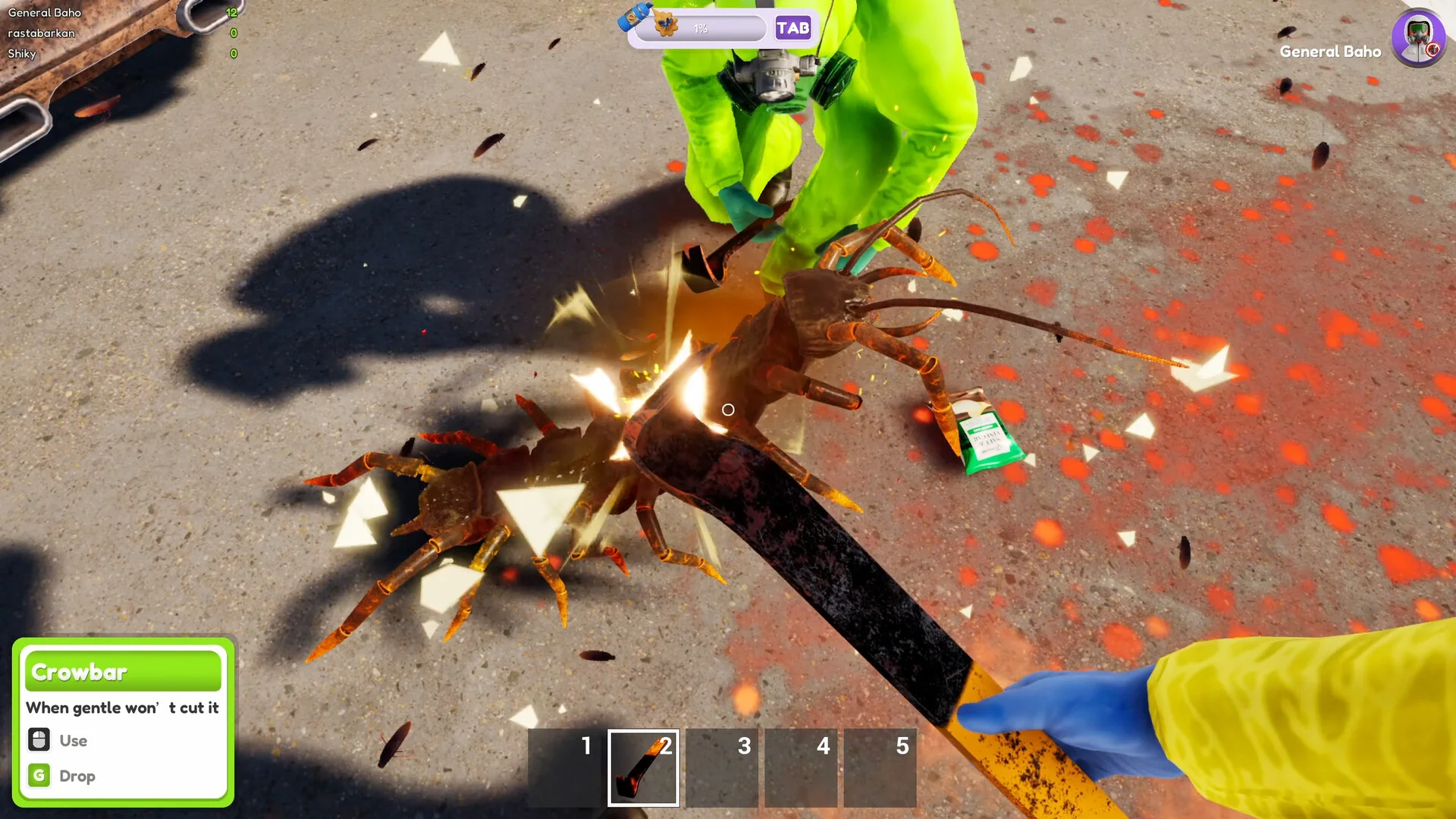 Asphalt, yellow hazmat stomping a giant centipede, crowbar in a blue glove, red splatter, Crowbar prompt, General Baho nameplate