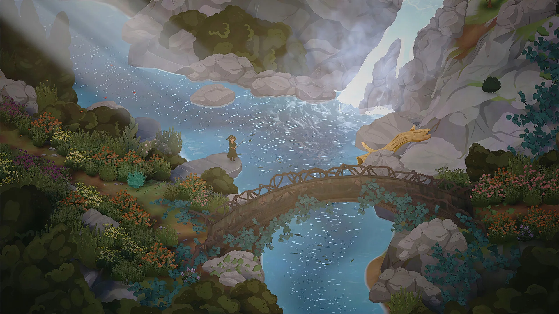 Vine-covered wooden bridge over a sunlit river gorge, a student fishing from a flowered cliff above misty water